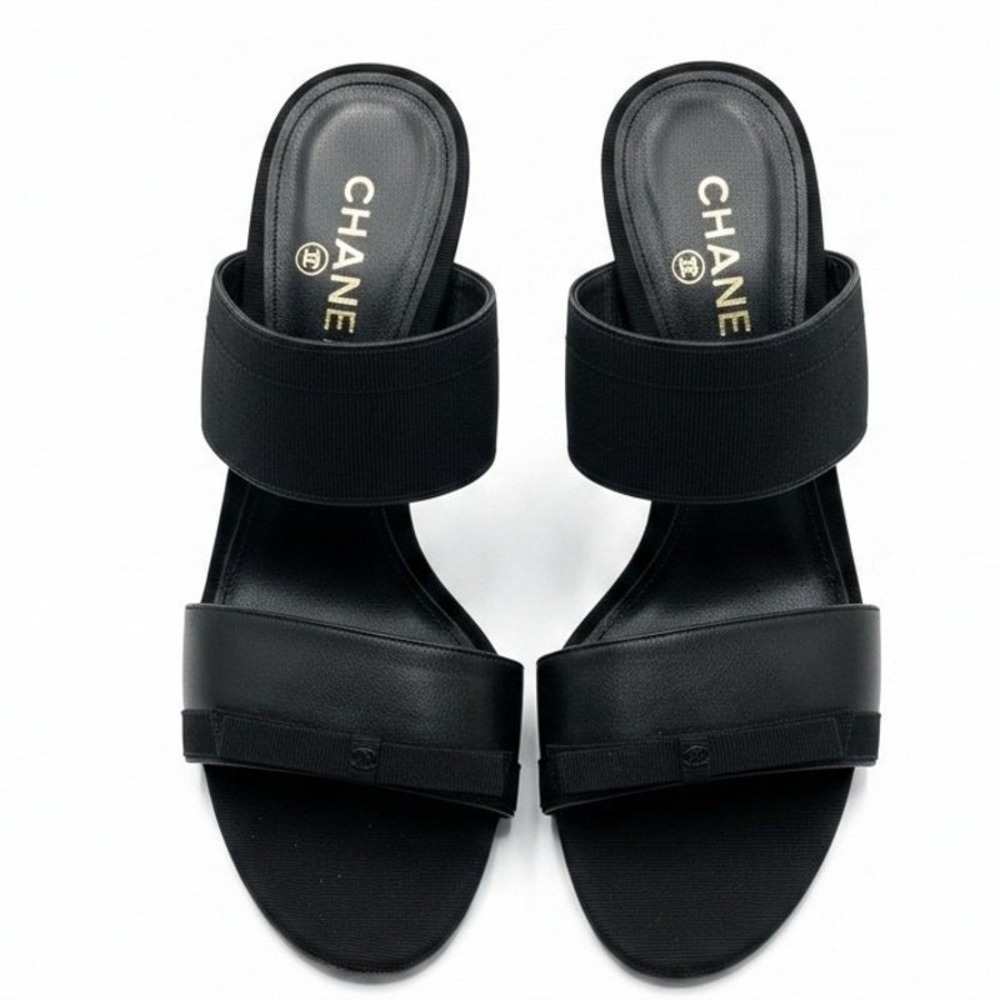 Chanel Black Leather Mule Heels Double Strap Slide Sandals Size 41 US 10